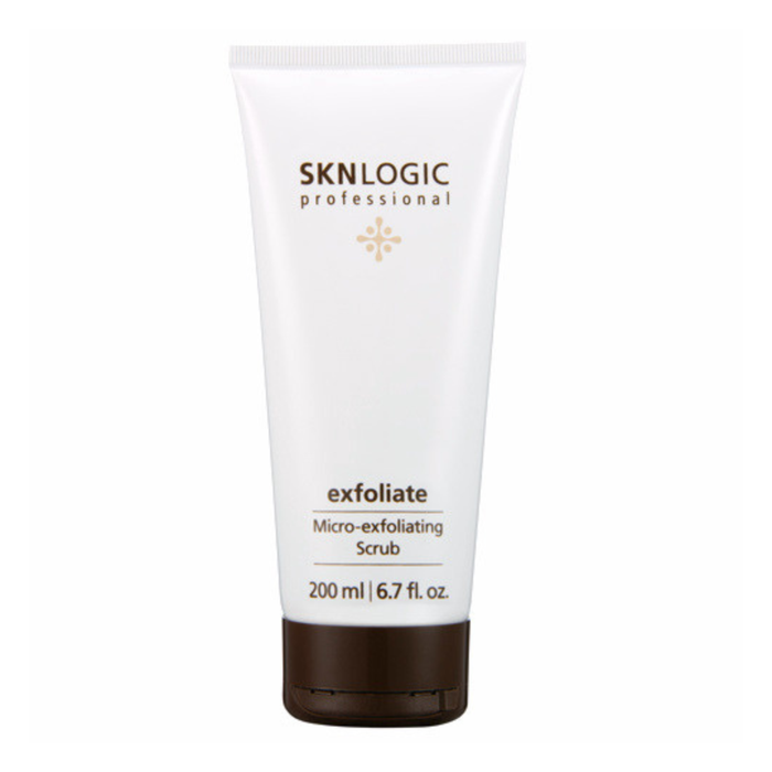 SKN023 SKNLOGIC Exfoliate Micro Exfoliating Face Scrub 200 ml | A 200ml white squeeze tube of SKNLOGIC Professional Exfoliate Micro Exfoliating Scrub with a dark brown cap, shown on a plain white background.