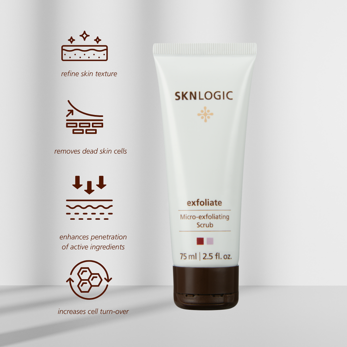 SKN005 SKNLOGIC Exfoliate Micro-Exfoliating Face Scrub | SKNLOGIC Exfoliate Micro-exfoliating Scrub in a white squeeze tube with a dark brown cap, shown next to four brown icon illustrations detailing skin benefits on a light gray background.