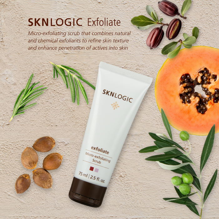 SKN005 SKNLOGIC Exfoliate Micro-Exfoliating Face Scrub | A tube of SKNLOGIC Exfoliate micro-exfoliating scrub is displayed on a textured beige background, surrounded by natural ingredients including papaya, olive branches, rosemary, and almonds. Text at the top describes the product.
