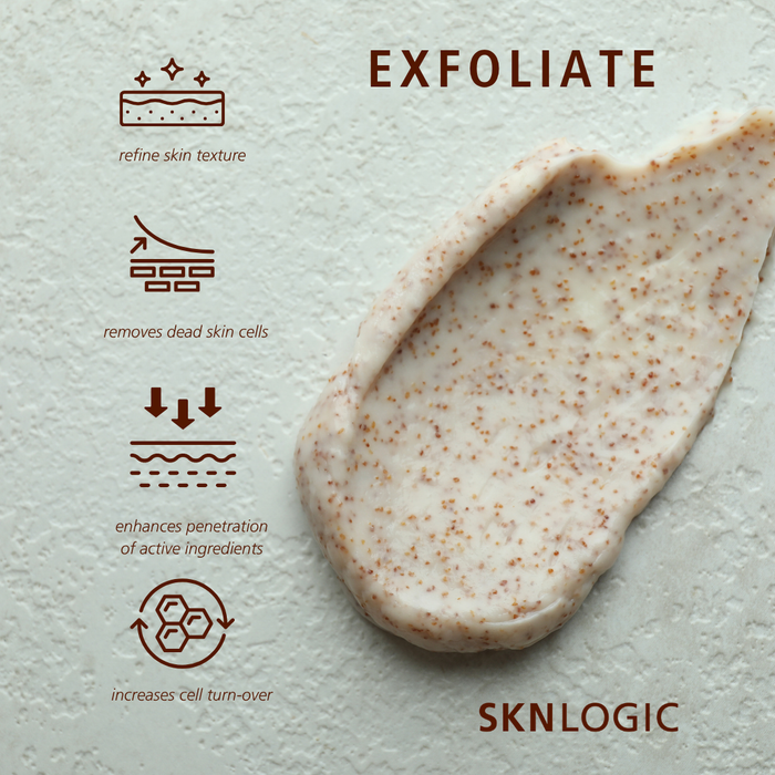 SKN005 SKNLOGIC Exfoliate Micro-Exfoliating Face Scrub | A skincare exfoliating scrub smear on a textured off-white surface, with brown icons and text listing benefits: refine skin texture, remove dead skin cells, enhance penetration of active ingredients, and increase cell turnover. The brand name SKNLOGIC is visible at the bottom right.