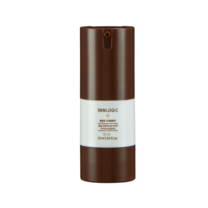 SKN015 SKNLOGIC Eye Cream Age Defense with antioxidants 15ml | SKNLOGIC Eye Cream in a dark brown pump bottle with a white label, shown against a plain white background.
