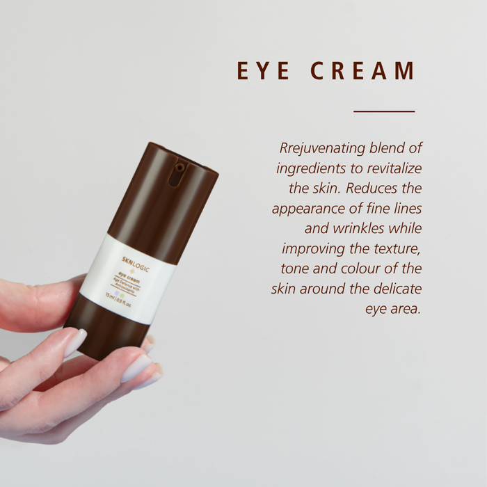SKN015 SKNLOGIC Eye Cream Age Defense with antioxidants 15ml | A hand holding a brown and white bottle of SKINLOGIC Eye Cream against a light gray background with descriptive text.