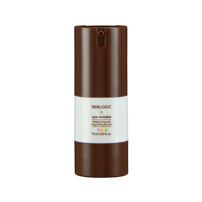 SKN016 SKNLOGIC Eye Revitalize Brightening and Rejuvenating Eye Gel 15ml | A 15 ml bottle of SKNLOGIC Eye Revitalize Brightening and Repairing Eye Gel, featuring a dark brown plastic bottle with a white label band in the center.