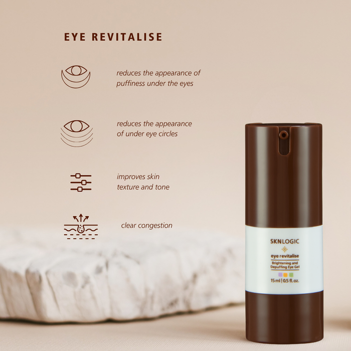 SKN016 SKNLOGIC Eye Revitalize Brightening and Rejuvenating Eye Gel 15ml | A dark brown and white SKINLOGIC Eye Revitalize eye cream bottle shown next to product benefits text and icons on a warm beige background.