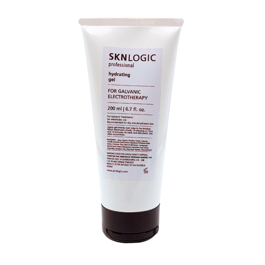 SKN034 Professional SKNLOGIC Galvanic Facial Hydrating Gel 200ml | A 200 ml white squeeze tube of SKNLOGIC Professional Hydrating Gel for Galvanic Electrotherapy, featuring a white label and a dark brown cap, set against a plain white background.