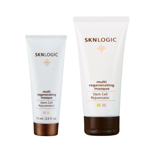 SKN011 SKNLOGIC Multi Regenerating Skin Masque |Two SKNLOGIC skincare tubes on a white background: a smaller white tube with a metallic bronze cap labeled 'multi regenerating masque Stem Cell Rejuvenator' 75 ml, and a larger 200ml white squeeze tube with a dark brown cap of the same product, both with SKNLOGIC branding.
