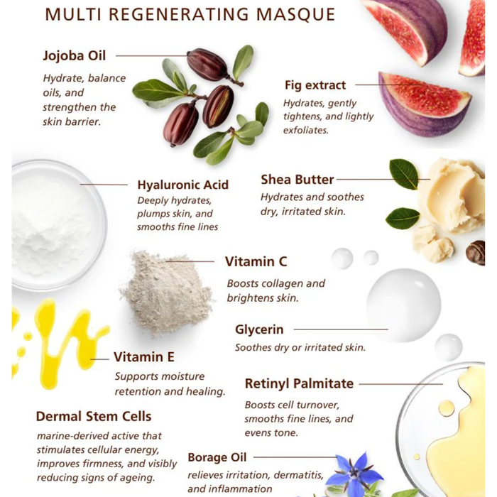 SKN011 SKNLOGIC Multi Regenerating Skin Masque 75ml |An infographic detailing the ingredients of a multi-regenerating hair mask, featuring illustrations of jojoba oil, fig extract, hyaluronic acid, shea butter, vitamin C, vitamin E, dermal stem cells, retinyl palmitate, and borage oil with descriptive text on a white background.