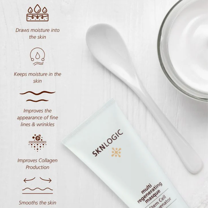 SKN011 SKNLOGIC Multi Regenerating Skin Masque 75ml |A skincare product shot featuring a tube of SKNLOGIC multi-regenerating mask cream cell enabler alongside a white spoon and a glass bowl of white cream on a light wood background, with product benefits listed on the left.