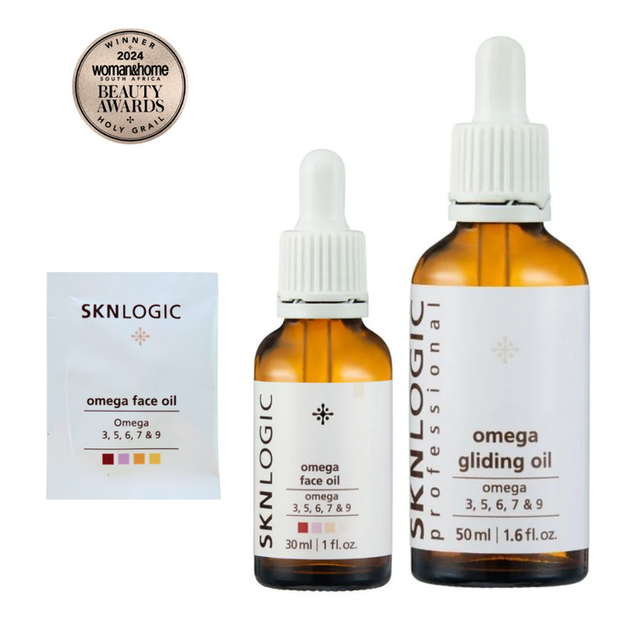 SKN100 SKNLOGIC Omega Face Oil for Dry and Ageing Skin 30ml 50ml | Two SKNLOGIC professional skincare oil bottles with white dropper caps and amber glass, shown alongside a white product box and a gold 2024 Women in Beauty award badge on a white background.