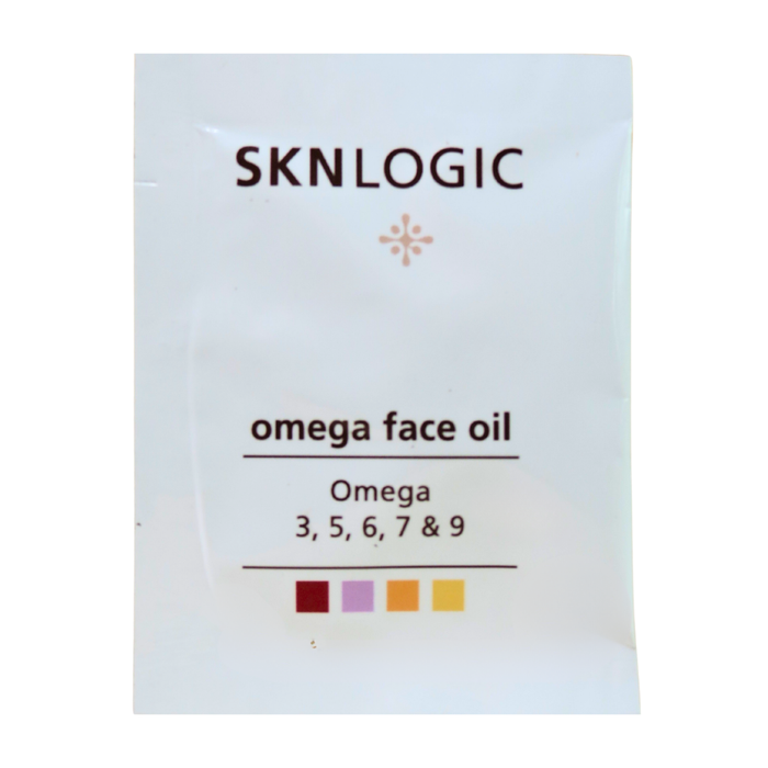 SKN098S SKNLOGIC Omega Oil for Combination and Dry Skin Sample | A single-use skincare sachet of SKNLOGIC Omega Face Oil, featuring a white packet with dark brown text and a small pink flower icon.