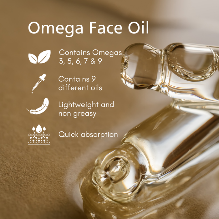 SKN100 SKNLOGIC Omega Oil for Combination and Dry Skin | An infographic of SKNLOGIC Omega Oil containing omega 3,5,6,7,9, 9 different oils, is lightweight, not greasy and are quickly absorb with oil dripping from pipette on light brown background