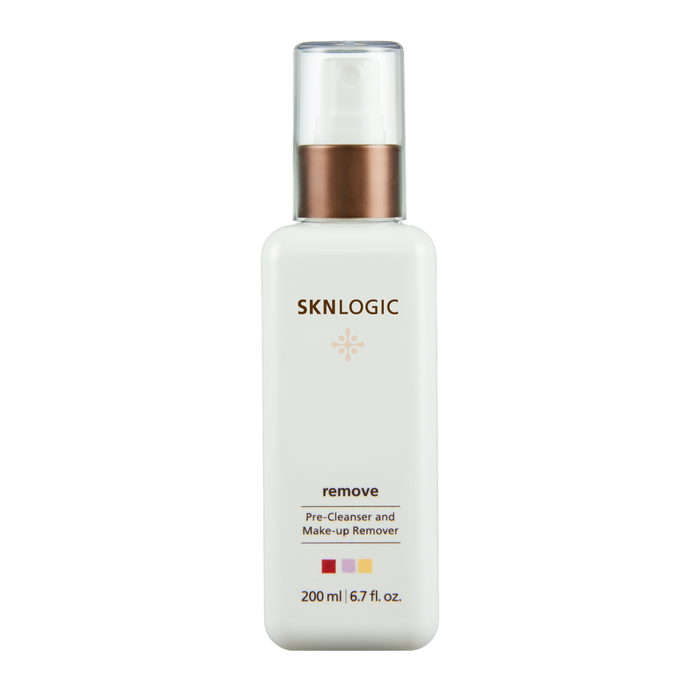 SKN018 SKNLOGIC Remove Pre-Cleanser and Makeup Remover 200ml | A white bottle of SKNLOGIC Remove Pre-Cleanser and Make-up Remover with a metallic bronze pump collar and clear cap, shown on a plain white background.