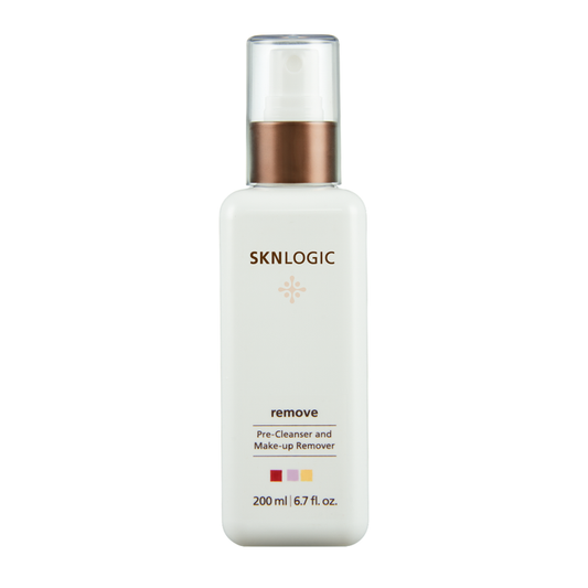 SKN018 SKNLOGIC Remove Pre-Cleanser and Makeup Remover 200ml | A white bottle of SKNLOGIC Remove Pre-Cleanser and Make-up Remover with a metallic bronze pump collar and clear cap, shown on a plain white background.