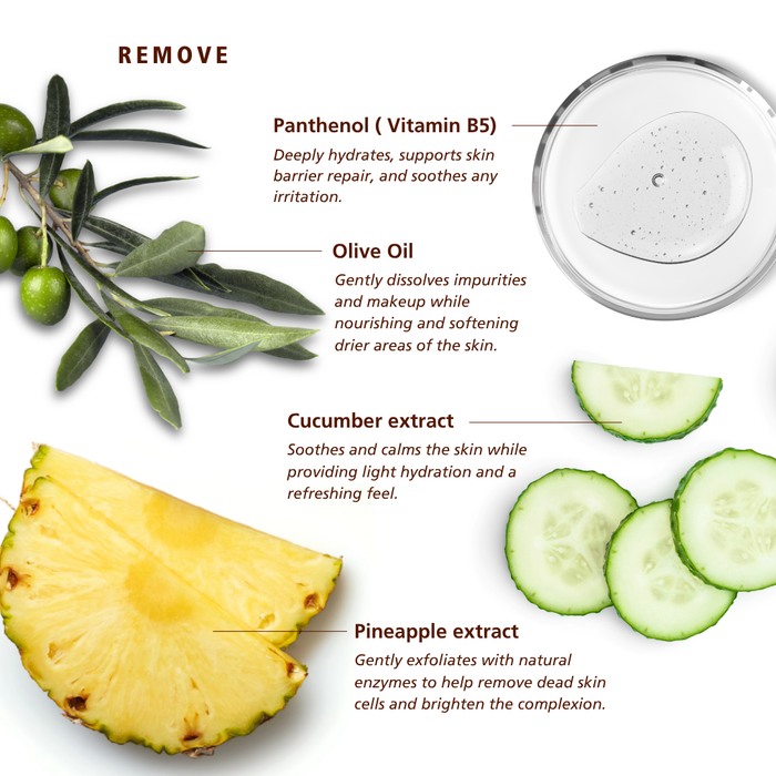 SKN018 SKNLOGIC Remove Pre-Cleanser and Makeup Remover 200ml | A skincare ingredient infographic on a white background with labeled callouts: Panthenol (Vitamin B5), Olive Oil, Cucumber extract, and Pineapple extract, alongside ingredient visuals including a pineapple slice, cucumber slices, olives on an olive branch, and a clear jar containing a pale gel.