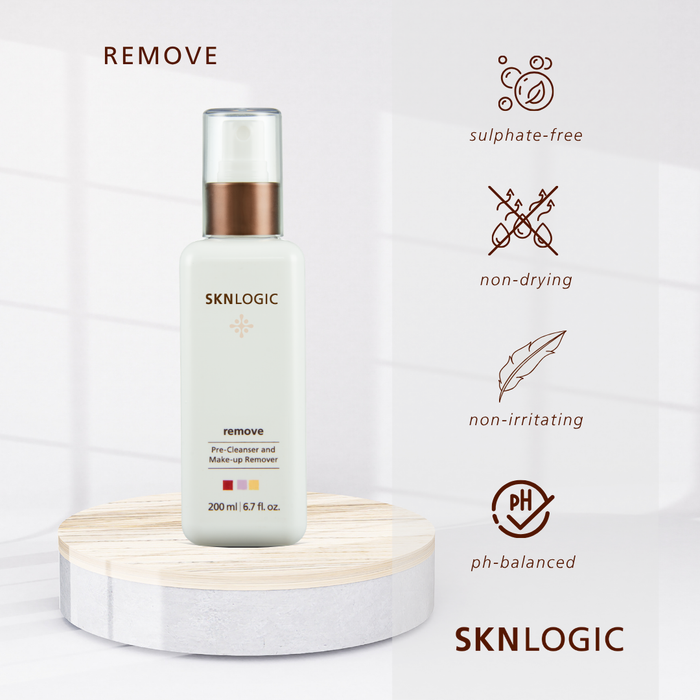 SKN018 SKNLOGIC Remove Pre-Cleanser and Makeup Remover 200ml | SKNLOGIC REMOVE pre-cleanser and makeup remover bottle displayed on a round wooden pedestal, with feature icons and text on the right including 'sulphate-free', 'non-drying', 'non-irritating', and 'ph-balanced'.