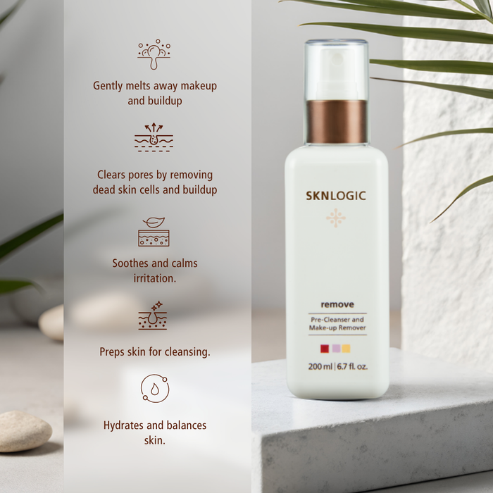 SKN018 SKNLOGIC Remove Pre-Cleanser and Makeup Remover 200ml | A bottle of SKNLOGIC Remove Pre-Cleanser and Make-up Remover stands on a light stone slab against a white textured wall, with a vertical panel of product benefits to the left and green leaves at the top right.