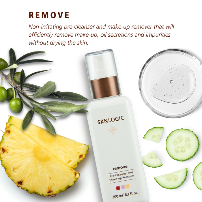 SKN018 SKNLOGIC Remove Pre-Cleanser and Makeup Remover 200ml | SKNLOGIC remove pre-cleaner and make-up remover bottle shown on a white background with decorative fruit and cucumber slices, plus a circular inset of the clear gel inside.