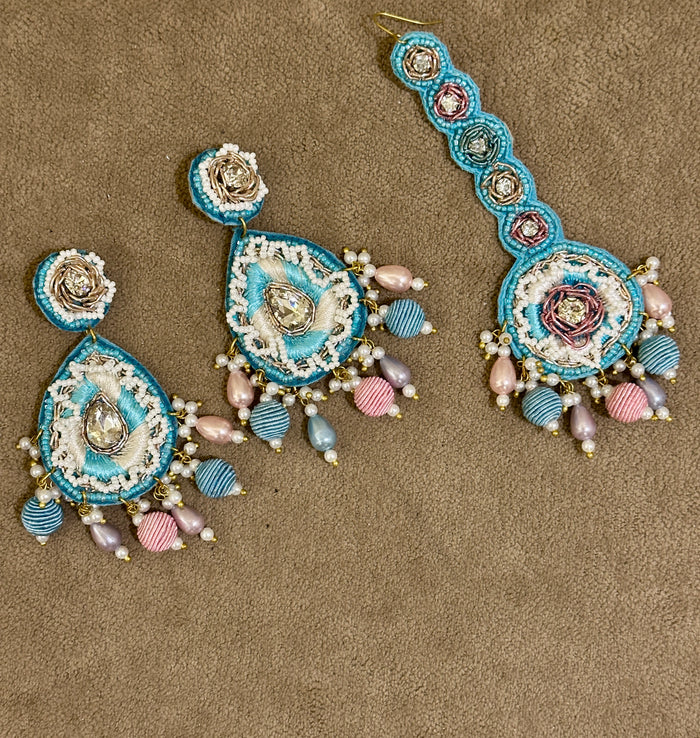 Sky Blue Beaded Haldi Jewellery Set – Necklace, Earrings, Tikka & Hathphool