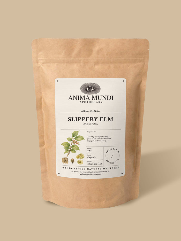A kraft paper stand-up pouch of Anima Mundi Apothecary Damiana herbal supplement, shown on a solid beige background.