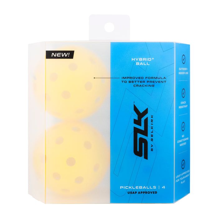 Selkirk SLK packaged pickleballs in blue box showing two yellow balls; label reads 'HYBRID+ BALL' and 'USAP APPROVED'.