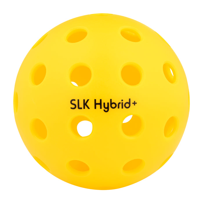 Yellow perforated practice ball labeled SLK Hybrid+