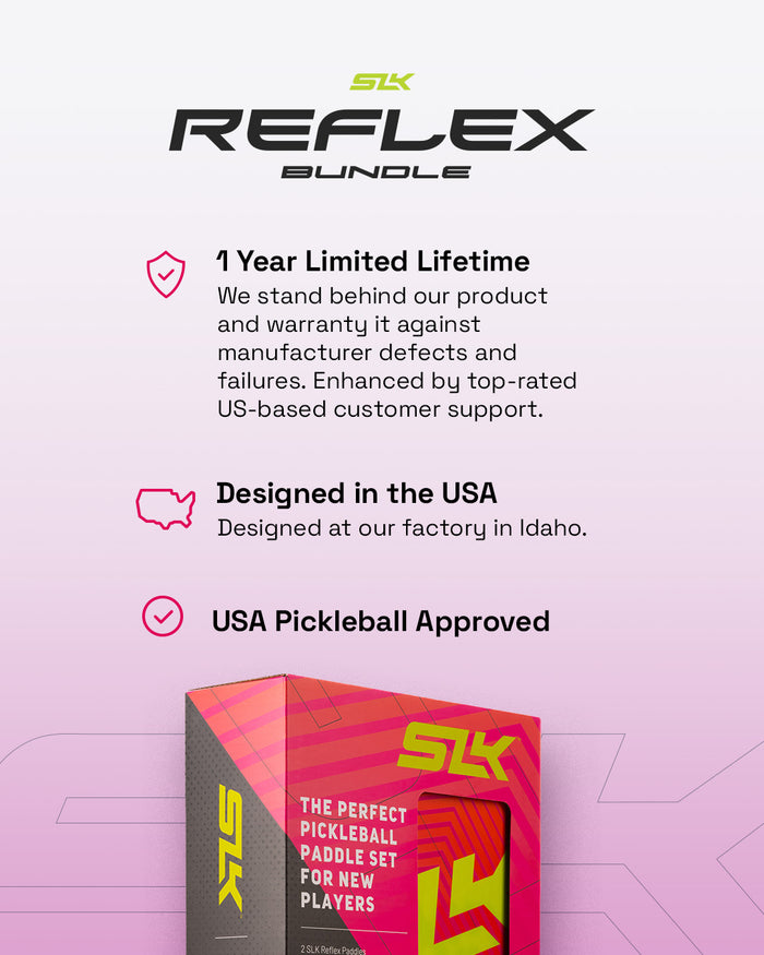 SLK REFLEX Bundle panel with packaging and badges: 1 Year Limited Lifetime; Designed in the USA; Pickleball Approved