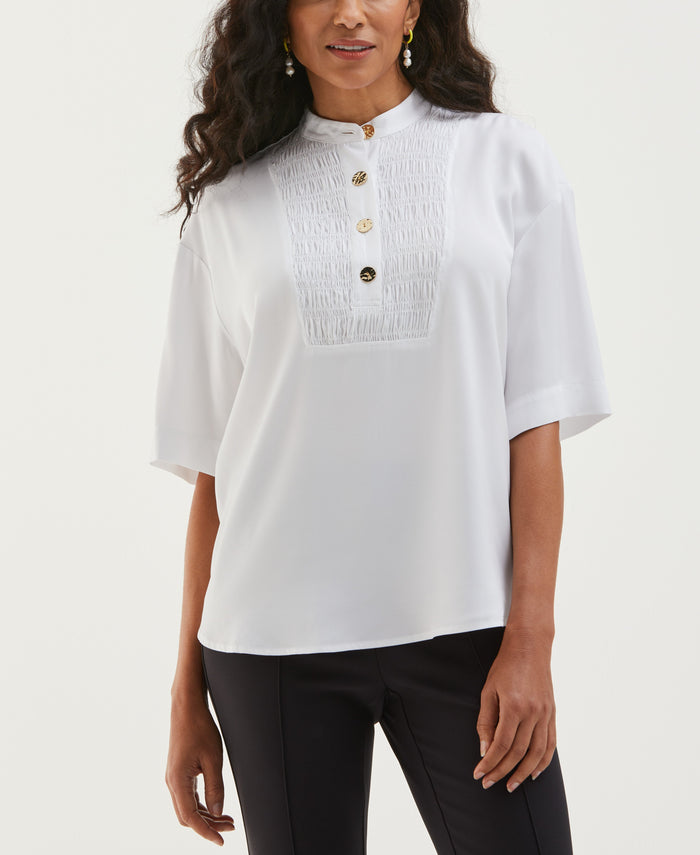 Smocked Banded Collar Top (White)