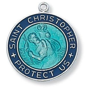 St Christopher Blue Enamel SS Medal Necklace
