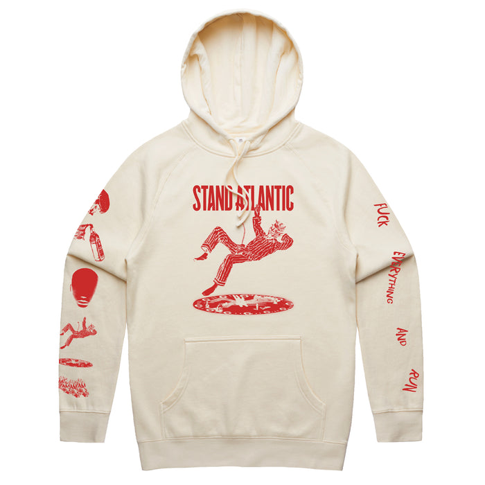 Bone pullover on a white background. Red print has Stand Atlantic in red print above an image of a devil in a red & white suit hovering above a pit of fire. Right sleeve has various imagery from the album cover and left sleeve has text Fuck Everything And Run.