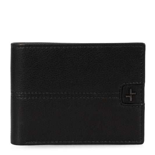 Front side of a men's black leather wallet called Stitched designed by Tracker, showing its stiched leather texture and logo.