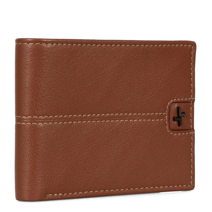 Angle view of a men's brown leather wallet called Stitched designed by Tracker, showing its stiched leather texture and logo