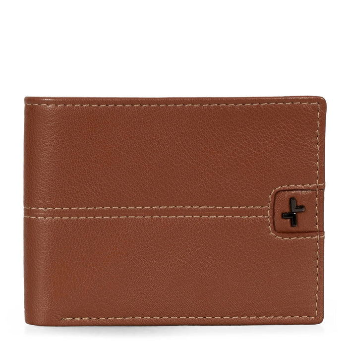 Front side of a men's brown leather wallet called Stitched designed by Tracker, showing its stiched leather texture and logo