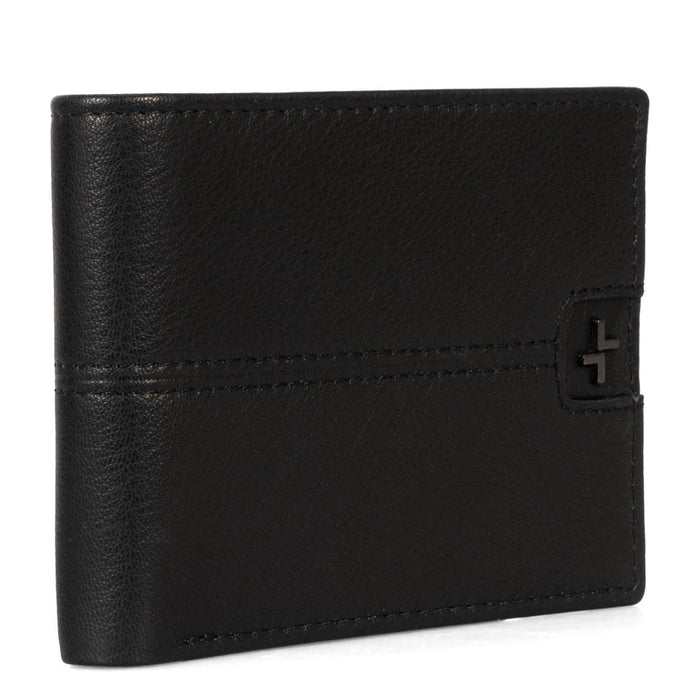 Angle view of a men's black leather wallet called Stitched designed by Tracker, showing its stiched leather texture and logo