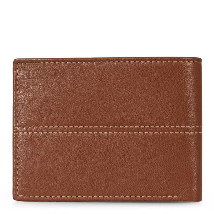 Back side of a men's brown leather wallet called Stitched designed by Tracker, showing its stiched leather texture and logo