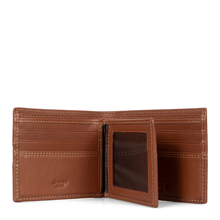 Inteiror view of a men's brown leather wallet called Stitched designed by Tracker, showing its stiched leather texture, multiple pockets, ID window, and embossed word on leather saying "leather".