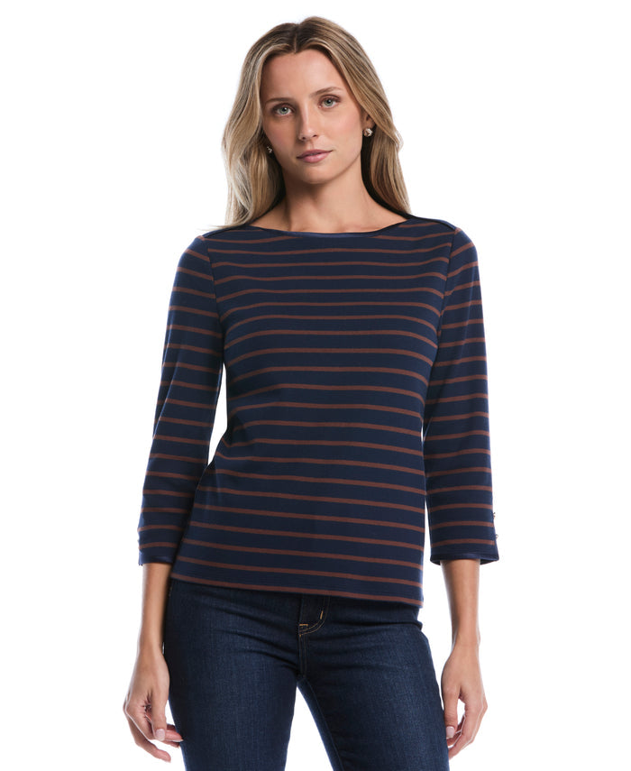Striped Button Detail Boat Neck Top (Black Iris)