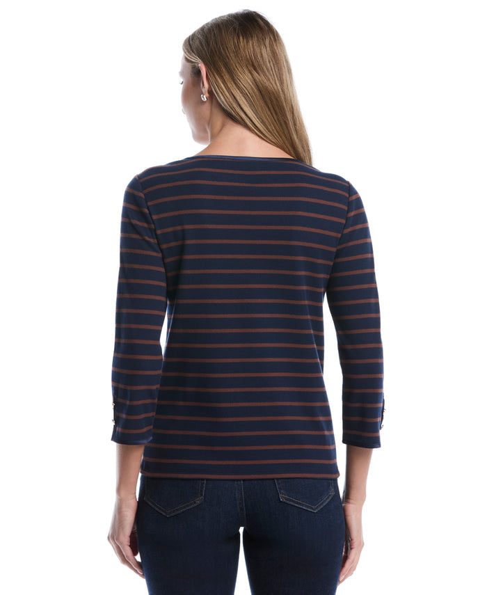 Striped Button Detail Boat Neck Top (Black Iris)