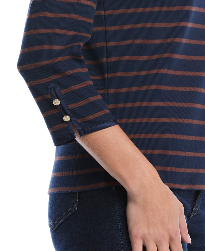Striped Button Detail Boat Neck Top (Black Iris)