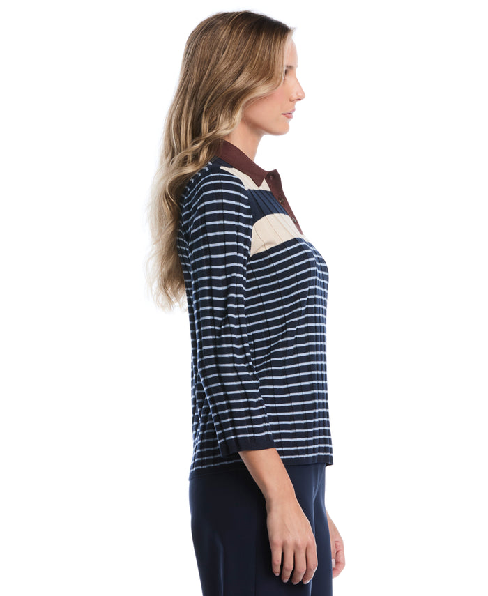 Petite Striped Polo Sweater (Blue Blizzard)