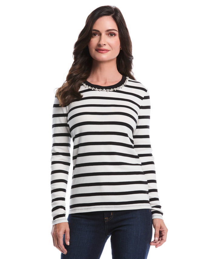 Striped Print Embellished Neck Top (Star White)
