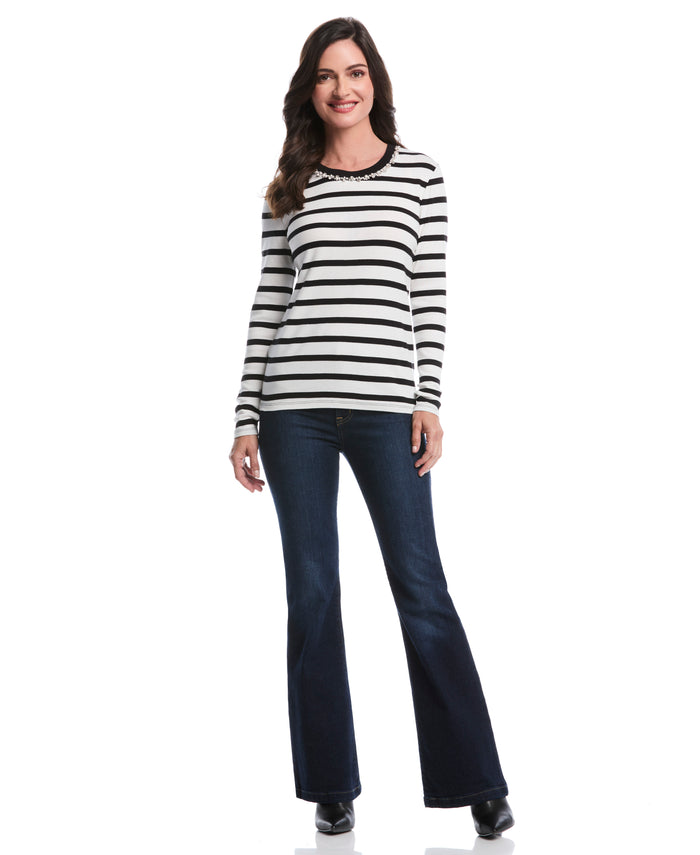 Striped Print Embellished Neck Top (Star White)