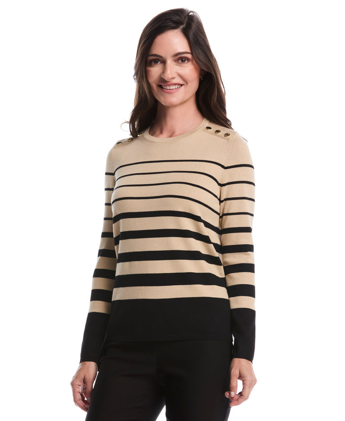 Petite Striped Print Rivet Detail Sweater (Irish Cream)