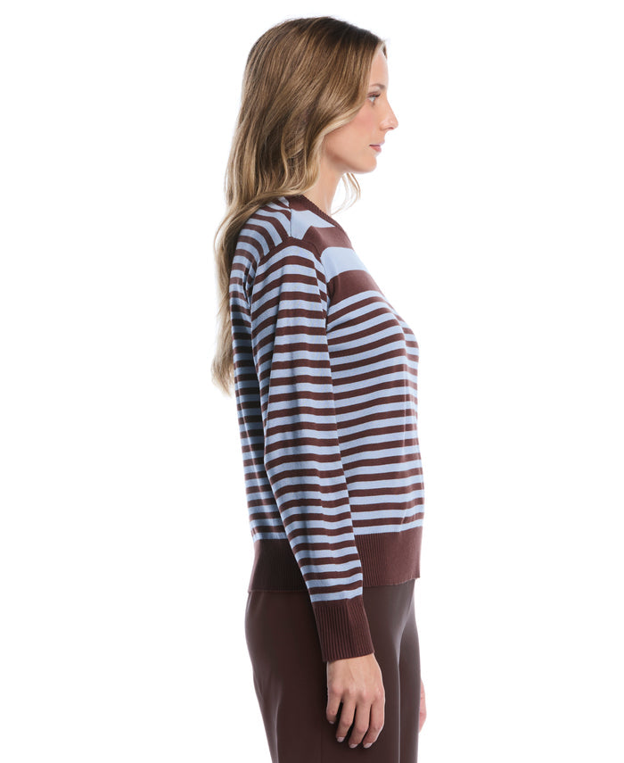 Petite Striped Rib Trim Crewneck Sweater (Blue Blizzard)