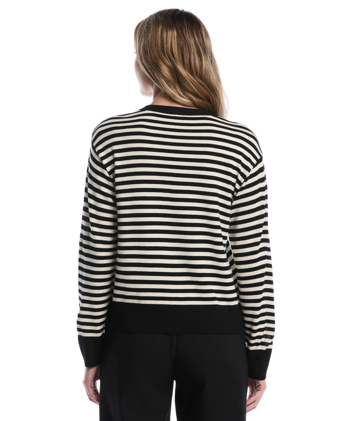 Petite Striped Rib Trim Crewneck Sweater (Black)