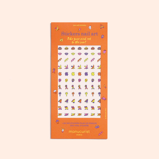 Manucurist's Summer Nail Art Stickers come in a bright orange package, featuring 300+ colorful, summer-themed designs like fruit, sunglasses, and palm trees—perfect for creating a fun manicure.