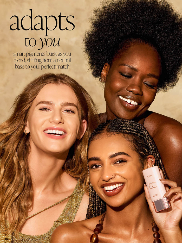 Three women with a cc tinted serum, with text 'smart pigments adapting to skin tone'