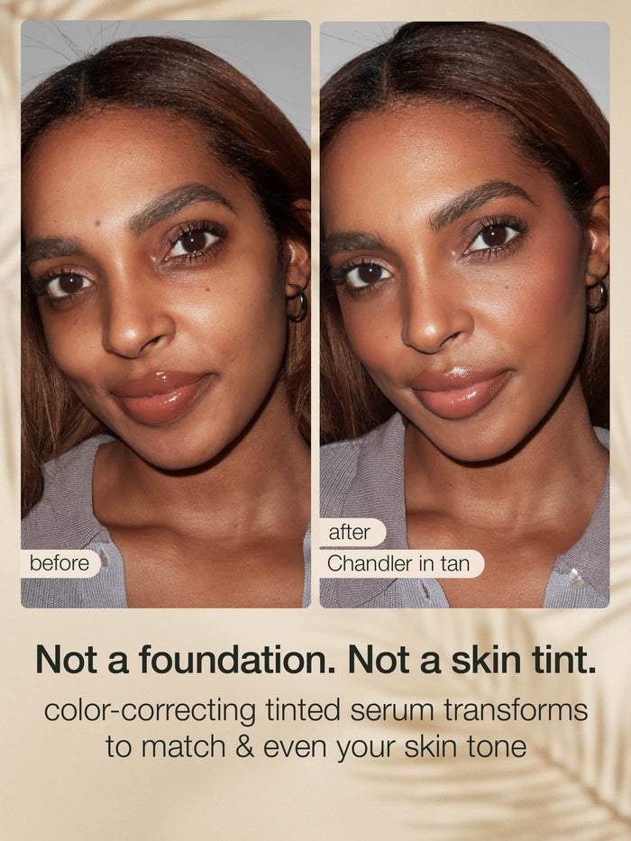 Before and after comparison of a woman's face with color-correcting tinted serum, labeled 'Chandler in tan'.