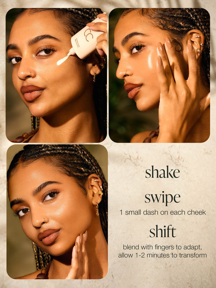 Collage of a woman applying cc tinted serum with instructions on a background.