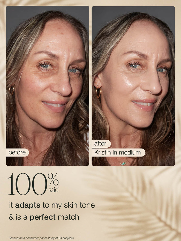 Before and after comparison of a woman's face with text indicating skin tone adaptation.