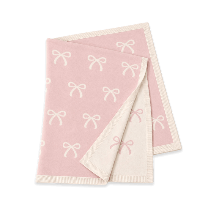 Sweet Bow - Reversible Jacquard Sweater Knit Baby Blanket Organic Cotton - Sweet Pink, Folded